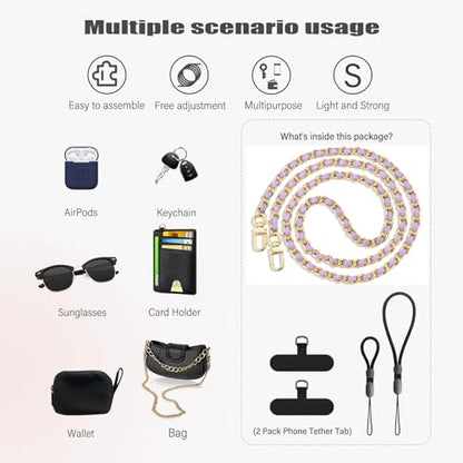 BFSD·DM Phone crossbody strap, 2× Pads,1× Leather Phone Strap,1× Phone Wrist Strap,1× Adjustable Finger Strap,Universal Crossbody Patch Phone Lanyards,Compatible with Most Smartphones(purple-48in) - color: Gold/Purple 48in