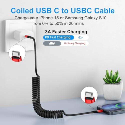 Coiled USB C Cable for Car 3FT&6FT USB C to C Fast Charging Cable CarPlay - color: Red, size: 3FT+6FT