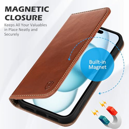 SHIELDON Genuine Leather Case Wallet for iPhone 15 6.1" 2023, Retro Brown | Magnetic Closure, RFID Blocking, Credit Card Slot, Kickstand, Flip Book Design, Shockproof Phone Cover - color: Retro Brown