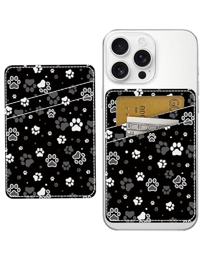Phone Card Holder, Dual Pocket Leather Phone Wallet Adhesive Stick On, Cute Card Holder, Credit Card Holder for Phone Case Dog Paw Prints - color: Dog Paw Prints