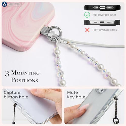 Phone Charm, Pearl Crystal Beaded Wrist Strap for Women, Hands-free, Drop-proof and Anti-theft, Detachable, with Tether Tab & Black Lanyard Strap - color: Pure White