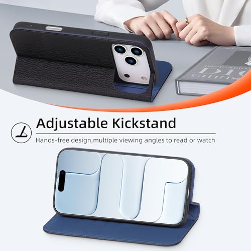 VISOUL Pebbled Leather Wallet Case for iPhone 17 Pro Max 6.9" 2025, Genuine Leather Flip Folio Cover with RFID Blocking Card Holders, Kickstand, Soft TPU Protective Flip Cover -Black+Blue - color: Black+Blue