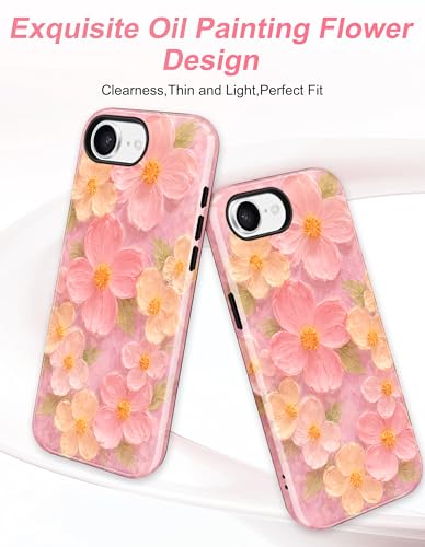 Jusy Magnetic Oil Painting Flower Floral Case for iPhone 16e/17e, Pink | Compatible with MagSafe, Cute Aesthetic Flower Design, TPU and PC Protective Phone Cover - color: Pink Oil Painting Flower