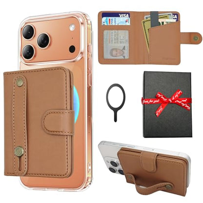 for MagSafe Wallet Magnetic Card Holder for MagSafe Phones and Cases,Strong Magnetic Wallet for iphone 12-17 Series,RFID Blocking Phone Wallets Hold 5 Cards,Strap Stand,Leather Brown - color: Brown