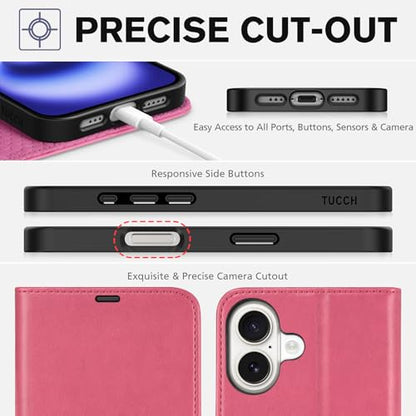 TUCCH Wallet Case for iPhone 16 (6.1") 2024, 4 Card Holders, Hot Pink | RFID Blocking, Viewing Stand, Shockproof TPU Shell, PU Leather, Magnetic Closure, Protective Folio Flip Cover - color: Hot Pink