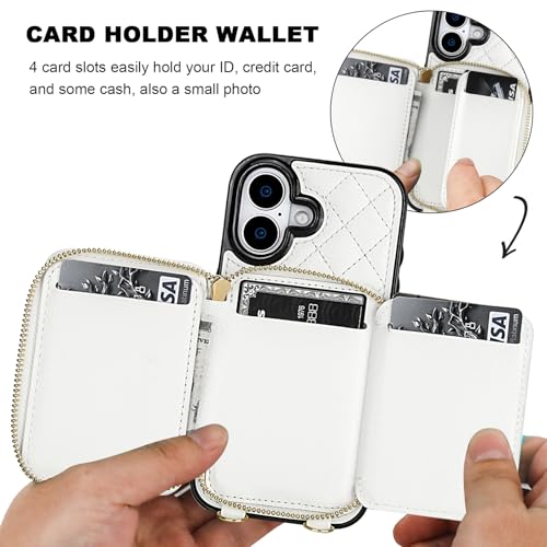 Bocasal Crossbody Wallet Case Card Holder for iPhone 17, White | RFID Blocking PU Leather Zipper Handbag Purse, Kickstand Flip Folio Case with Card Slots Holder Wrist Strap Lanyard 6.3 Inch - color: White