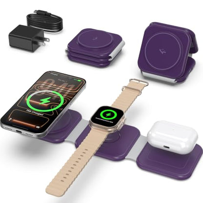 15W Magnetic Travel Charging Station, 3-in-1 Foldable MagSafe Charger - color: Midnight Purple