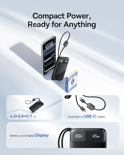 Baseus 45W Ultra Slim 10000mAh Power Bank Built-in USB-C Cables, CCC Certified Portable Charger, Travel Essential Fast Charging Pocket Size Phone Battery Pack for iPhone 18 17 16 Samsung S25 S24 iPad