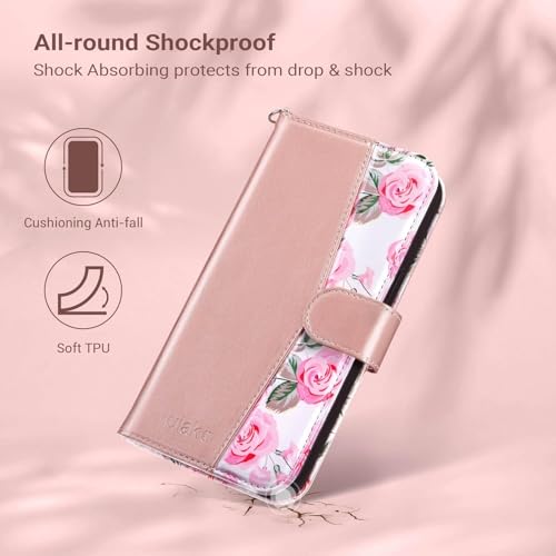 ULAK Compatible with iPhone 16 Pro Wallet Case, Rose Pink Floral | with Card Holder, [RFID Blocking] PU Leather Case with Kickstand Wrist Strap, Durable Shockproof Protective Cover 6.3 Inch - color: Rose Gold, size: iPhone 16 Pro - 6.3 inch