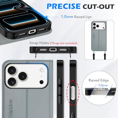 SHIELDON Real Leather Magnetic Case Wallet for iPhone 17 Pro Max 6.9", Gray | Flip, Magnetic Closure, RFID Blocking 3 Card Holder, Kickstand, Full Protection, Shock Absorbing Protective Cover - color: Gray