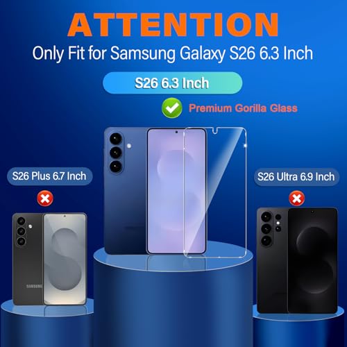 3 Pack for Samsung Galaxy S26 Screen Protector Tempered Glass + 3 Pack Camera Lens Protector, Military Grade Shatterproof, 9H Hardness, Fingerprint Unlock, HD Clear Case Friendly 6.3 Inch