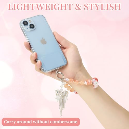 WOZEAH Phone Charm for Women, Beaded Wrist Strap Lanyard with Tether Tab – Anti-Theft Hands-Free Detachable Phone Chain Wristlet - color: Orange Bow
