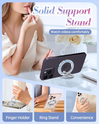 Phone Ring Holder Compatible with MagSafe - Magnetic Cell Phone Grip for Women Cute Magnet Removable Finger Ring Grip Stand Glitter Sparkle for iPhone 17 16 15 14 13 Pro Max Plus, Blue - color: Blue