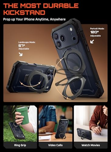 SUPCASE for iPhone 17 Pro Case with Tempered Glass Screen Protector, Black | Camera Control Cover, Compatible with MagSafe, Built-in Kickstand, Anti-Slip Grip, Full-Body Magnetic Phone Case, UBGrip Pro - color: Black