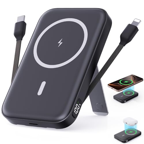 16800mAh Magnetic Power Bank with Built-in Cables for iPhone Series | MagSafe Portable Charger LED Display Wireless Charger Travel Essential Battery Pack for iPhone 17/16/15/14/13/12 Andriod