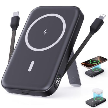 16800mAh Magnetic Power Bank with Built-in Cables for iPhone Series | MagSafe Portable Charger LED Display Wireless Charger Travel Essential Battery Pack for iPhone 17/16/15/14/13/12 Andriod