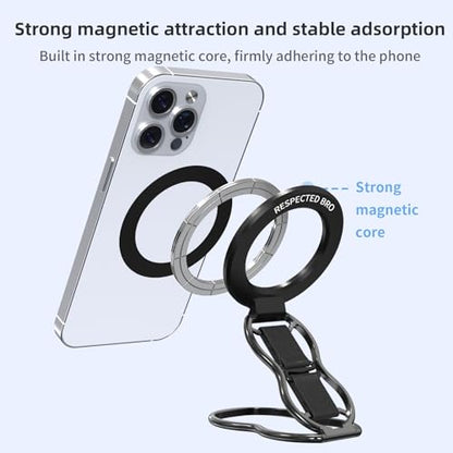 RESPECTED-BRO-Magnetic-Phone-Grip-Stand-with-Finger-Strap, 4-in-1 Magnetic Ring Holder, Kickstand and Elastic Strap for Phones, Universal Fit for iPhone 17/16/15/14/13/12, Android, and Cases (Black) - color: Black