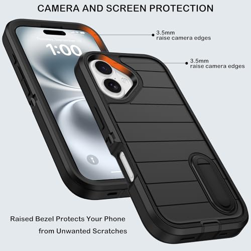 for iPhone 16 Case with Screen Protector, Heavy Duty Shockproof Drop Protection Military Grade Tri-Layer Full Covered Rugged Durable Cell Phone Cover with Built-in Invisible Kickstand 6.1" (Black) - color: Black