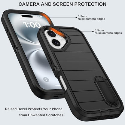 for iPhone 16 Case with Screen Protector, Heavy Duty Shockproof Drop Protection Military Grade Tri-Layer Full Covered Rugged Durable Cell Phone Cover with Built-in Invisible Kickstand 6.1" (Black) - color: Black