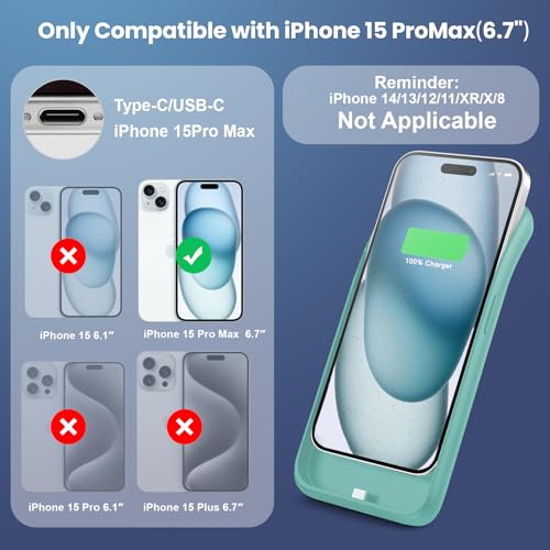 Battery Case for iPhone 15 Pro Max,Powerful 8600mah Ultra-Slim Protective Charging Case,15W Fast Charging Portable Rechargeable Expandable Battery Charger Cover for iPhone 15 Pro Max(6.7inch)-Green - color: Green