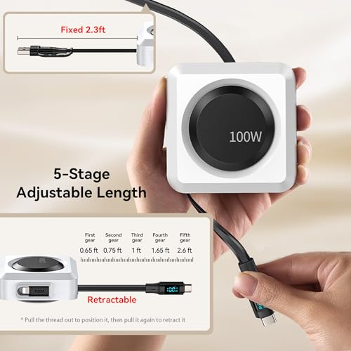 PZOZ Retractable USB C Cable, 100W PD Cord with LED Display & Organizer