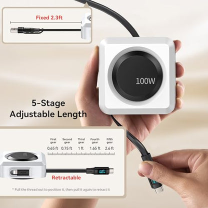 PZOZ Retractable USB C Cable, 100W PD Cord with LED Display & Organizer