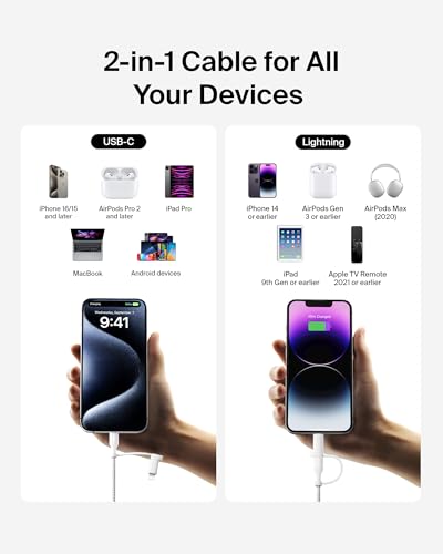 Belkin 2 in 1 USB C to USB C & Lightning Braided Cable 5ft Charger Cord - color: White