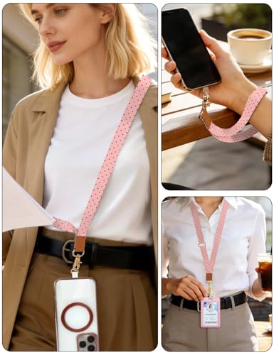 Phone Lanyard Crossbody Strap, Adjustable Neck Strap and Wristlet Strap for Phone Wallet ID Badge with 2 Phone Tabs - color: Pink Black Dots