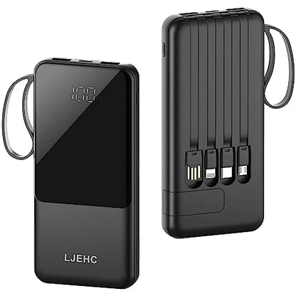 Portable Charger with Built in Cables,10000mAh Slim USB C Power Bank, Black - color: Black