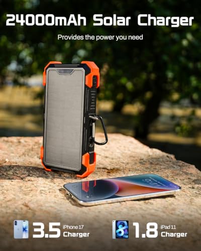 GOODaaa Solar Power Bank 24000mAh, Portable Charger with 4 Built-in Cables - color: Orange