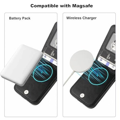 KIHUWEY for iPhone 16 Pro Wallet Case Card Holder for MagSafe, Black | Wireless Charging, RFID, Flip PU Leather, Magnetic Clasp, Kickstand, Heavy Duty Protective Cover - color: Magsafe for Black