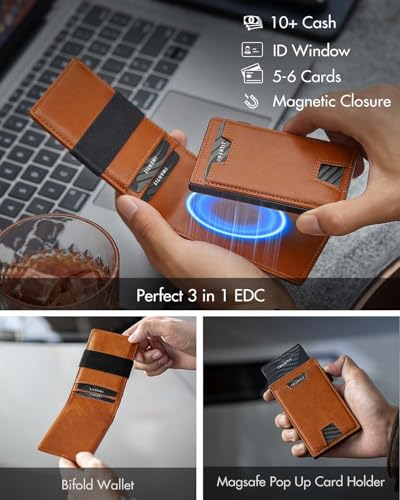 iwantit 3 in 1 Magsafe Wallet Men: Bifold Wallet + Magnetic Wallet for iPhone - Detachable Cash Strap, Smart Pop Up Card Holder, ID Window, Premium Leather (Orange-red) - color: Orange-red