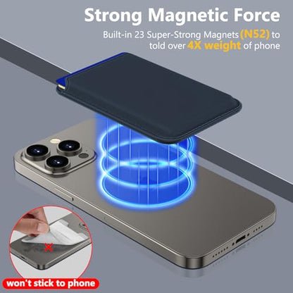 Compatible with MagSafe Wallet, Magnetic Phone Wallet 3 Cards Holder, 23 Magnets, Credit Card RFID Blocking, Slim Leather, Magnetic Wallets for iPhone 17/16/15/14/13/12 Series-Blue - color: Blue