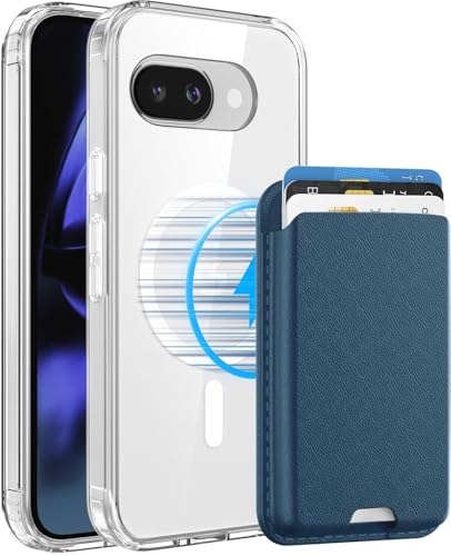 Magnetic for Google Pixel 9A Wallet Case with Card Holder﻿ | Compatible with MagSafe, Shockproof Phone Cover with Detachable RFID Blocking Card Slot, Clear & Blue - color: Clear with Blue, size: Pixel 9A