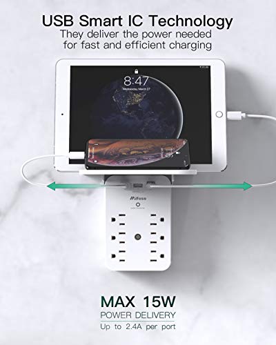 Wall Outlet Extender with Surge Protector, 6 AC Outlets, with Shelf - color: White, size: 3 USB