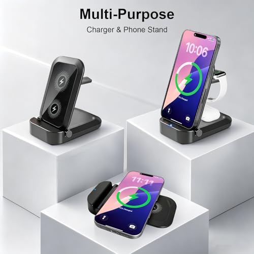 3 in 1 Wireless Charging Station for Apple - Foldable Wireless Charger Station - Travel Charger for Multiple Devices for iPhone 17 16 15 14 13 12 Pro Max Plus, Apple Watch, AirPods(Black)