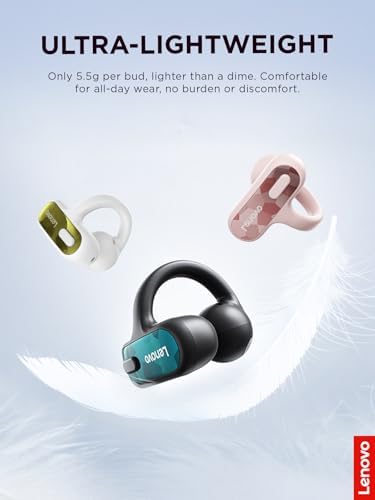 Lenovo Open Ear Clip On Earbuds X500 Bluetooth 6.0 Wireless Earbuds with 11 mm Drivers, Open Ear Ergonomic Design, Dual Device Connectivity, Built in Mic, Fast Charge, Pink - color: Pink