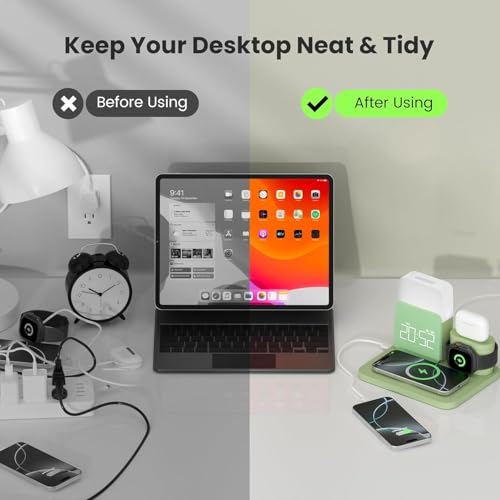 7 in 1 Charging Station for iPhone, Wireless Charging Station, Alarm Clock, Night Light, Wireless Charger for iPhone 17 16 15 14 13 12 Pro Max & Apple Watch - Charging Stand Dock for AirPods(Green) - color: Green
