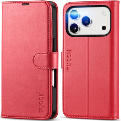TUCCH Wallet Case for iPhone 17 Pro (6.3") 2025, 4 Card Slots, Red | RFID Blocking, Viewing Stand, Shockproof TPU Shell, PU Leather, Magnetic Closure, Protective Folio Flip Cover - color: Red