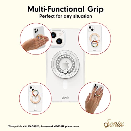 Sonix Magnetic Phone Grip and Phone Ring Holder - Compatible with MagSafe - Rotatable Kickstand and Phone Holder for iPhone 16, 15, 14, 13, 12 Series - Silver/Clear Rhinestone - color: Silver / Clear Rhinestone