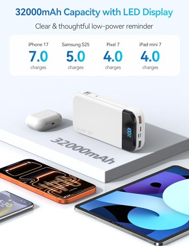 Phone Battery Bank 32000mAh 22.5W w/Built-in Cables & USB C Fast Charging - color: White