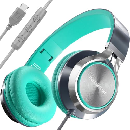 INFURTURE USB C Headphone for School & Adults Over-Ear Headphone with Mic - color: Green