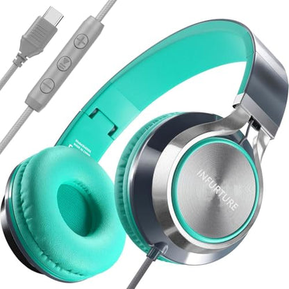 INFURTURE USB C Headphone for School & Adults Over-Ear Headphone with Mic - color: Green
