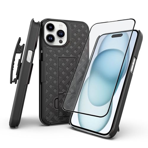 for iPhone 15 Pro Stand Case, Clip Holster, Screen Protector-Black | Camera Lens Protector, Swivel Kickstand Belt Holder, Slim Shell Pouch Full Body Protective,Rugged Shockproof Cell Phone Cover - size: iPhone 15 Pro