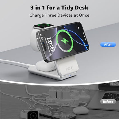 Acer 3 in 1 Charging Station for iPhone, Wireless Charger Stand,15W Fast MagSafe Charger for iPhone 17 16 15 14 13 12 Series-Apple Watch 11 10 9 8 7 6 5 4 3 2 SE and Ultra Series-Airpods 4 3 2 Pro - color: SL-S3-White