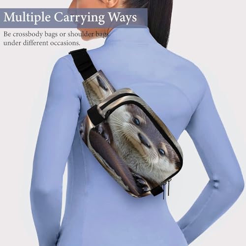 Cute Otter Fanny Packs for Women Men Double Layer Fashion Waist Pack Adjustable Belt Bag with Pockets Small Crossbody Bags for Running Hiking Workout Travel Daily Use