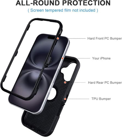 for Defender iPhone 16 Case Silicone,Heavy Duty Rugged Full-Body, Black | 3 Layers of Sturdy,Anti-Drop,Cover for iPhone 16 Case - color: Black