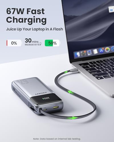 PISEN 3C Certified Power Bank - 20000mAh 67W CCC Power Bank with Built in Cable, Travel Battery Pack Portable 3C Charger with LED Display, 67W Portable Charger with Built in Cable for iPhone, MacBook
