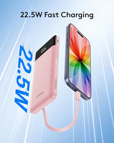 Orfeika Fast Charging Portable Charger Power Bank with Built-in 4 Cables | 10000mAh|Ultra-Slim&Light|Flight-Safe|Power 6 Devices at Once|22.5W|Battery Pack For iPhone,Samsung,Google|Travel Essentials - color: LightPink