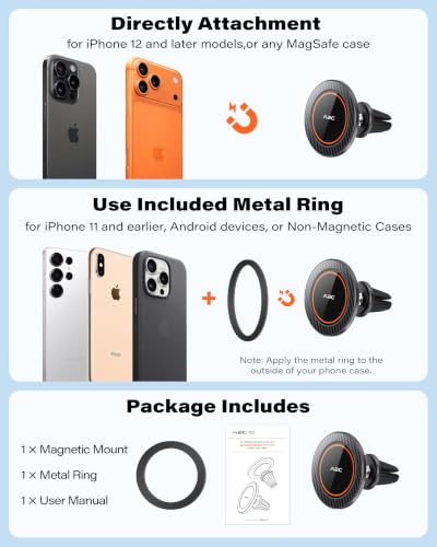 A2C for MagSafe Car Mount, One-Piece Magnetic Phone Holder for Car Vent